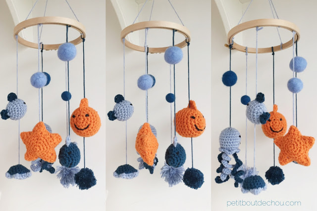 DIY amigurumi sea friends baby mobile blue and orange