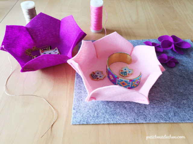 Flower shaped felt basket pink and purple side