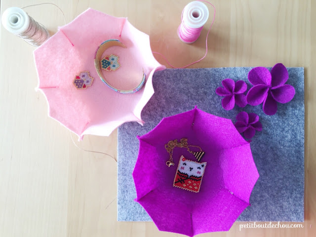 Flower shaped felt basket pink and purple