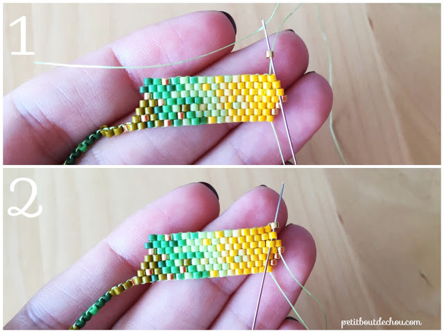 DIY Beaded ginko leaf in brick stitch increase at end of row