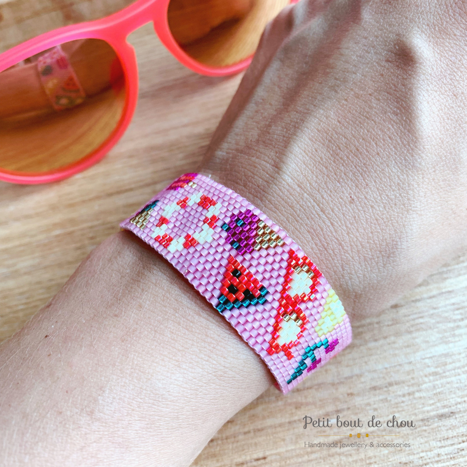 Hot Pink and Purple Peace Sign Bead Weaving Bracelet KIT - Peyote Stitch or  Bead Loom Bracelet Pattern and Delica Beads Included. P7