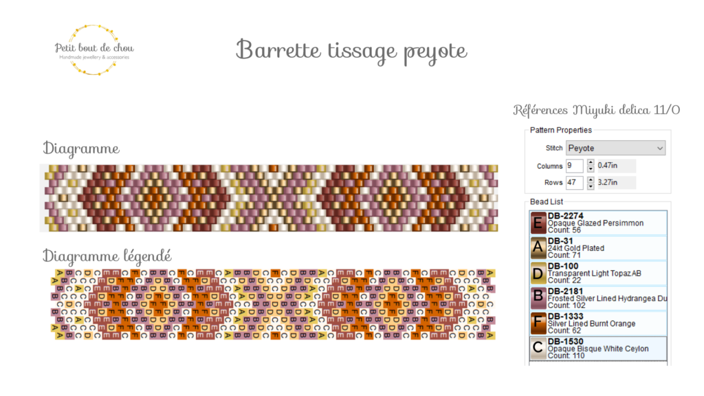 Tissage barrette Miyuki en peyote impair diagramme